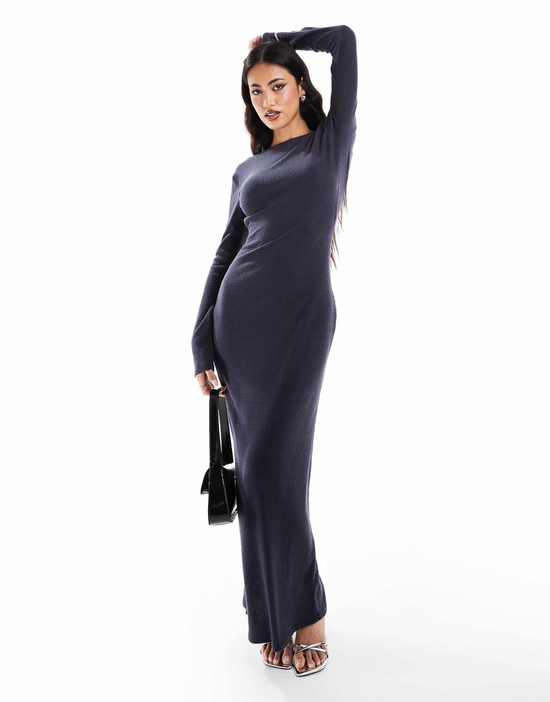 kaiia ribbed knit low back bodycon maxi dress in charcoal