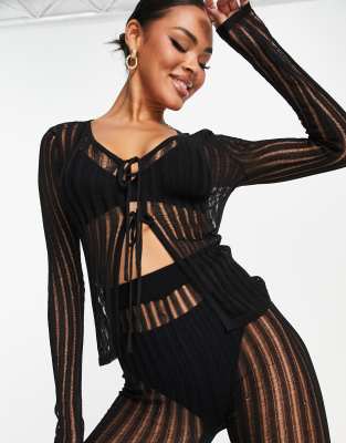 Kaiia ribbed knit sheer fitted top co-ord in black