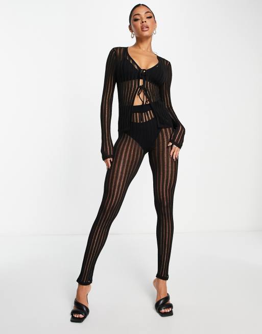 Kaiia ribbed knit sheer legging co-ord in black