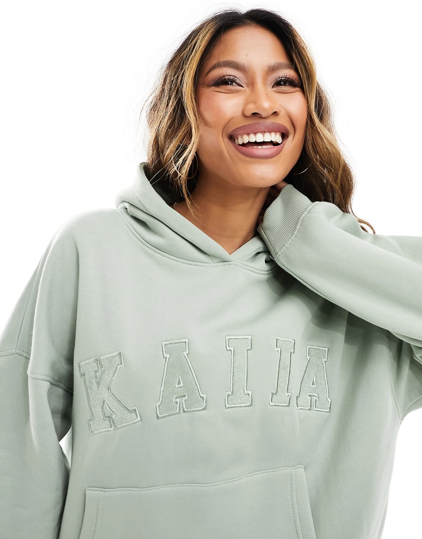 Kaiia Ribbed Oversized Logo Hoodie In Sage Green - Part Of A Set-neutral