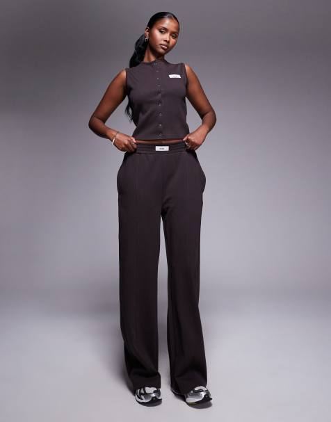 Kaiia ribbed vest logo detail waistband wide leg trousers co-ord in chocolate - view 1