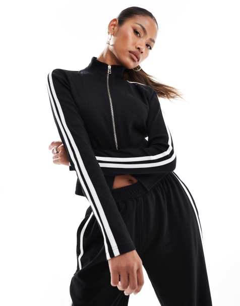 Kaiia ribbed zip up stripe sleeve jumper in black (part of a set) - view 1