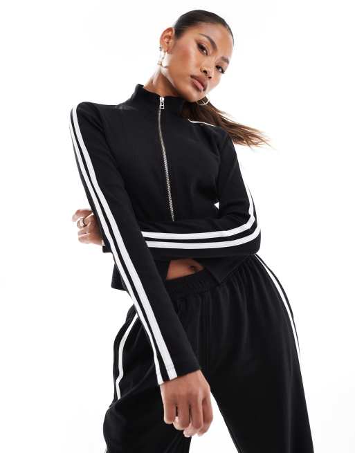 Kaiia ribbed zip up stripe sleeve jumper in black (part of a set)
