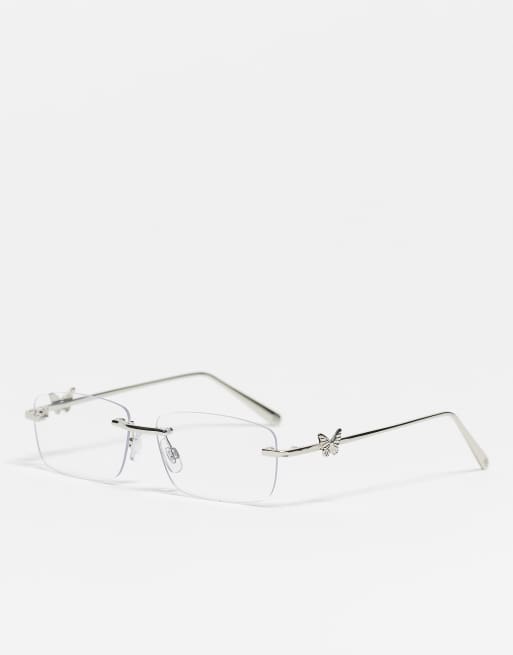 Kaiia rimless clear lens butterfly detail glasses in silver