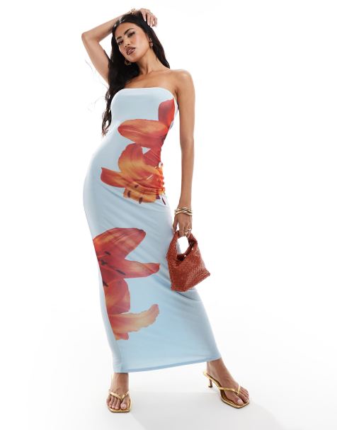 Kaiia - Robe bustier longue en tulle à imprimé lys - Bleu clair/orange - view 1