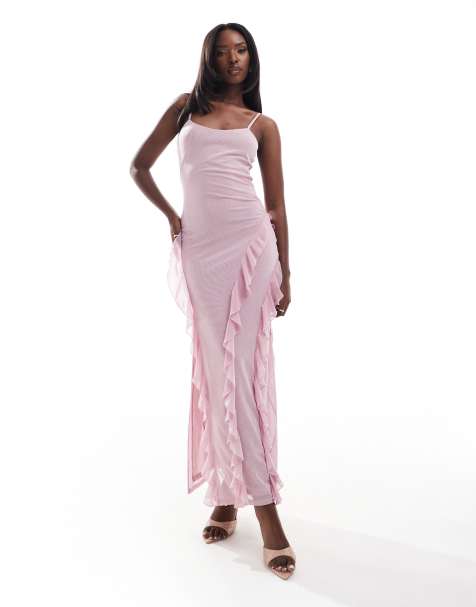 Kaiia - Robe longue à fines bretelles en tulle à volants - Rose - view 1