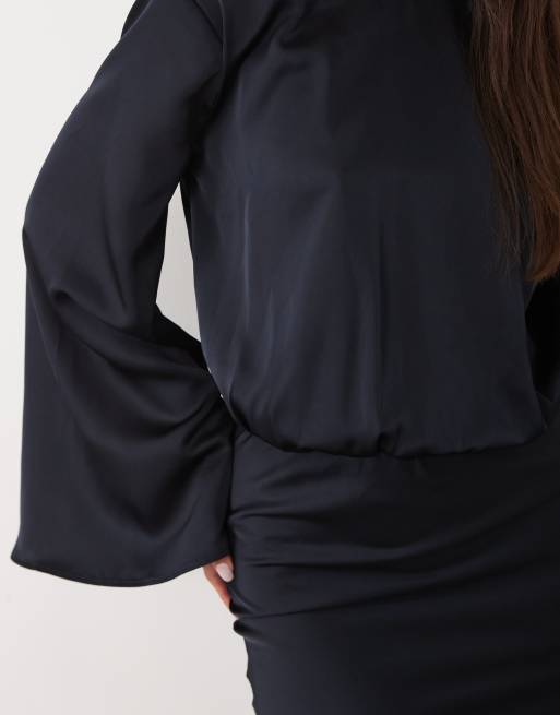 Kaiia - Robe longue cintrée en satin avec manches évasées et blouson - Bleu marine nuit, 4 de 4