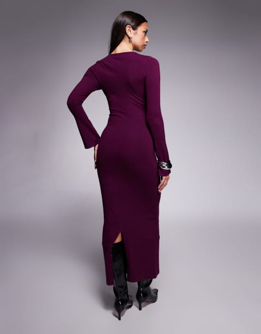 Kaiia - Robe longue et moulante en maille avec manches évasées - Prune, 3 de 4