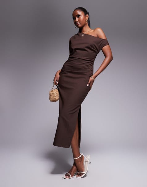 Kaiia - Robe mi-longue aspect lin à épaules dénudées avec détail torsadé - Marron chocolat - view 1