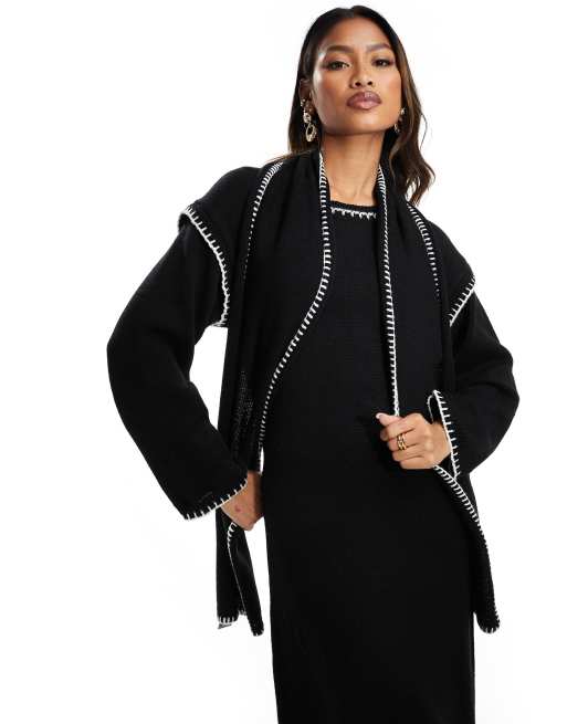 Kaiia - Robe pull longue avec écharpe à surpiqûres contrastantes - Noir