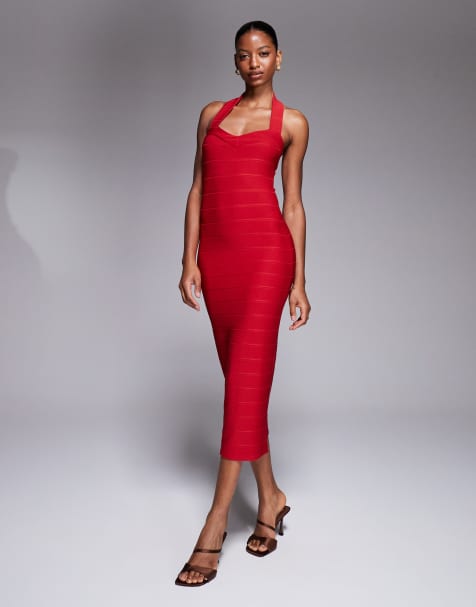 Kaiia – Röd midaxiklänning med hjärtformad halsringning och halterneck i tunn väv, exklusivt hos ASOS - view 1