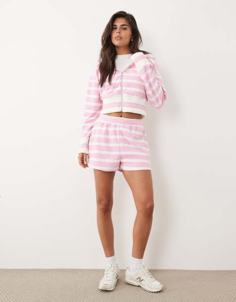 Kaiia – Rosa och vitrandigt set i frotté med huvtröja i oversize med dragkedja, sidorand och broderad logga och shorts - view 1