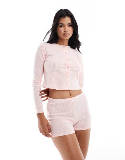 Kaiia – Rosa, pointellestickad pyjamas med långärmad topp och shorts - view 1