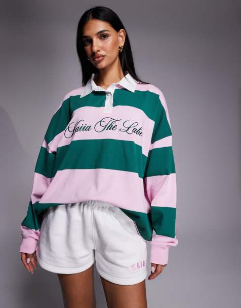 Kaiia – Różowo-zielona koszula oversize w stylu rugby w pasy z haftowanym logo - view 1