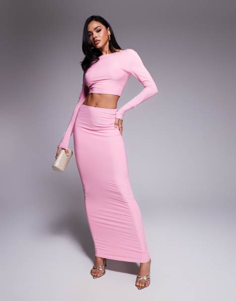 Kaiia – Różowy przylegający zestaw: top z długimi rękawami i odkrytymi plecami i spódnica maxi - view 1