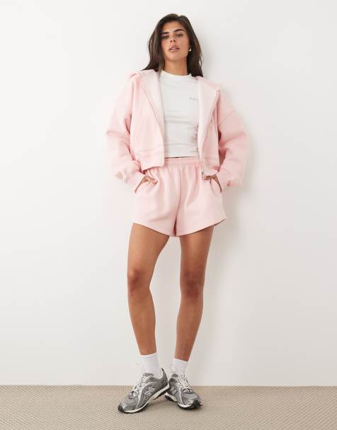 Kaiia – Różowy zestaw z mieszanki bawełny ze srebrnym logo: zapinana na zamek bluza oversize z kapturem i szorty - view 1