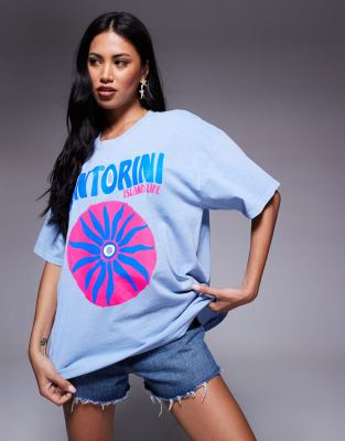 Kaiia Santorini graphic oversized t-shirt in blue