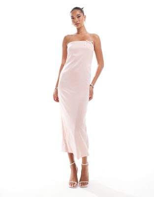 satin bandeau bow detail maxi dress in pink