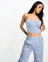 ASOS LUXE bandeau corseted tiered ruffle top and wide leg sheer pants in  blue