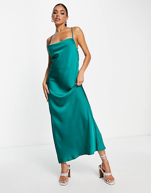Kaiia satin cowl front strappy back maxi dress in emerald green