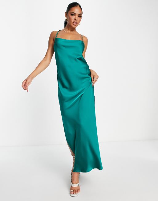 Teal strappy satin cowl midi outlet dress