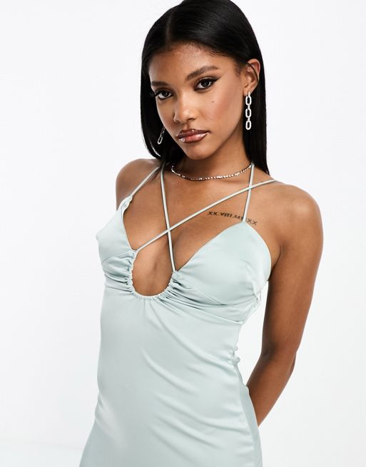 Missguided Tall satin strappy bralet in blue (part of a set)