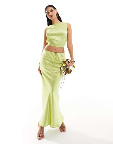 Kaiia satin drawstring maxi skirt co-ord in lime - view 1