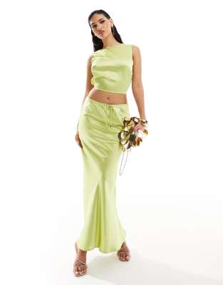 Kaiia Satin Drawstring Maxi Skirt In Lime - Part Of A Set-green