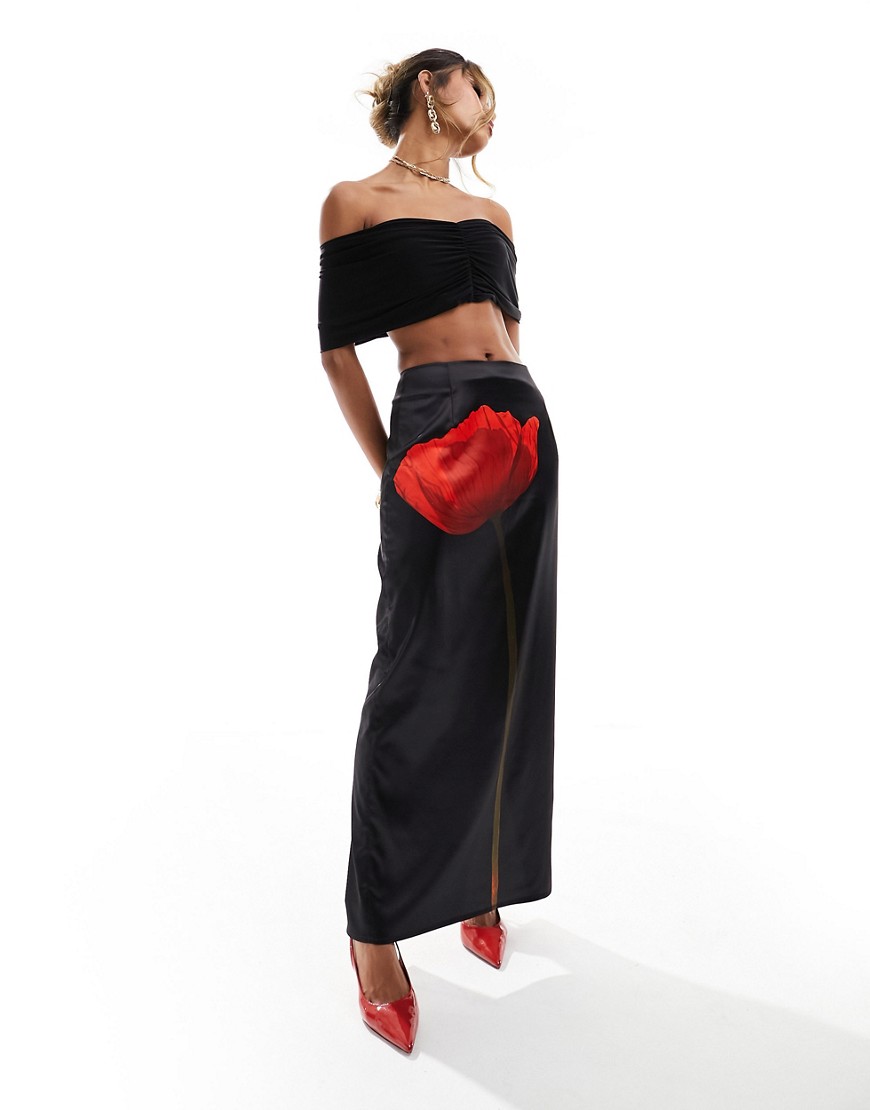 satin flower motif maxi skirt in black