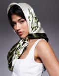 [Kaiia] Kaiia satin headscarf in olive and cream floral-Multi One Size OLIVE AND CREAM