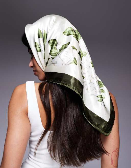 Kaiia satin headscarf in olive and cream floral