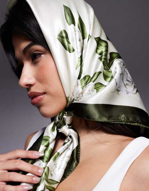 Kaiia satin headscarf in olive and cream floral