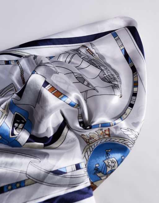 Kaiia satin headscarf in white and navy nautical print