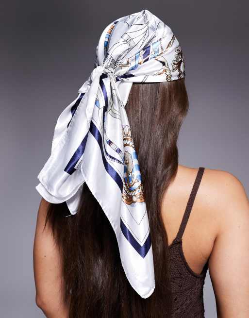 Kaiia satin headscarf in white and navy nautical print