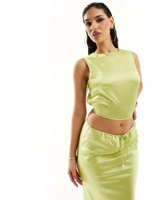 satin high neck open tie back top in lime - part of a set-Green