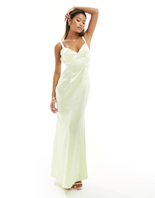 Kaiia – Satin-Maxikleid in Zitronengelb mit überkreuzten Rückenträgern