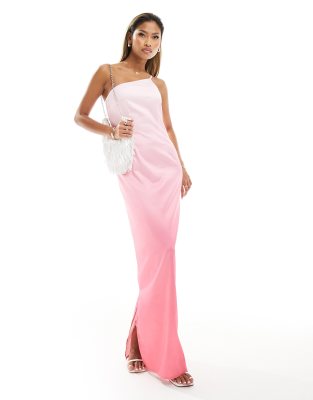 satin one shoulder maxi dress in pink ombre