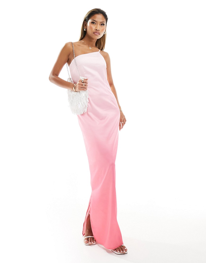 satin one shoulder maxi dress in pink ombre