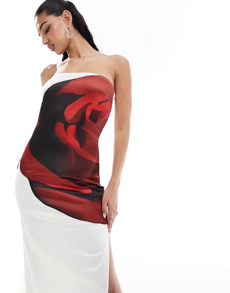 Kaiia satin rose print bandeau maxi dress in white
