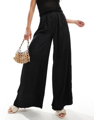 satin wide leg pants in black