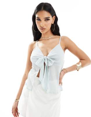 Kaiia semi sheer tie front cami top in baby blue Sale