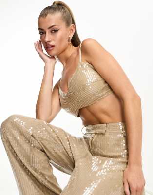 Carli Embroidered Tie Neck Bra Top In Camel/gold