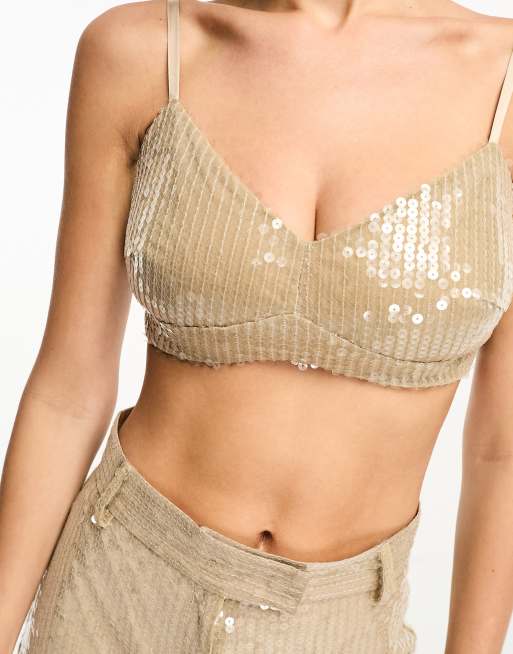 Kaiia sequin cropped cami bralette top co-ord in gold