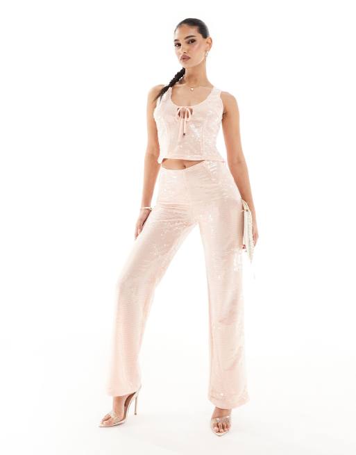 Kaiia sequin sleeveless tie front top in pale pink (part of a set)