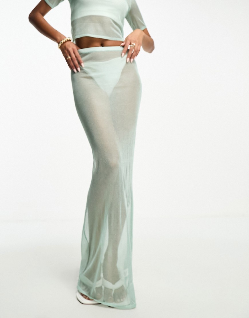 sheer glitter maxi skirt in turquoise - part of a set-Blue
