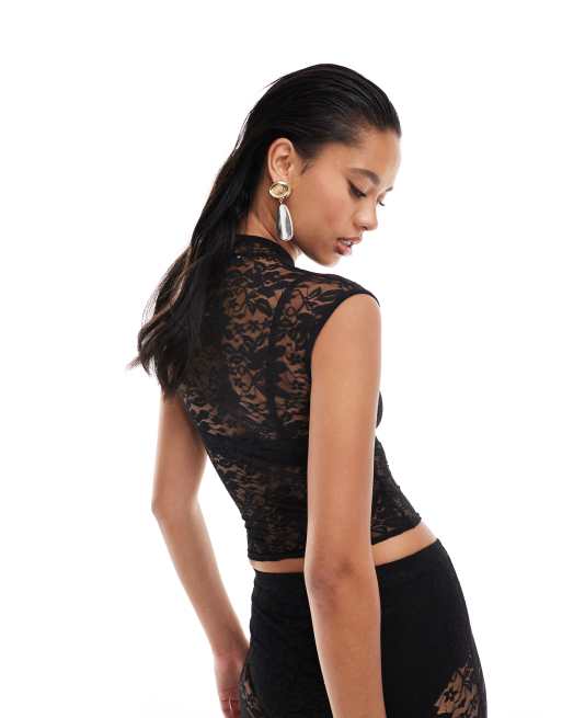 Kaiia sheer lace cut out neckline detail top co-ord in black, 3 of 4