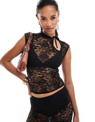 sheer lace cut out neckline detail top in black - part of a set