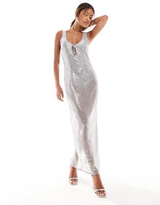 sheer sequin sleeveless tie front maxi dress in silver