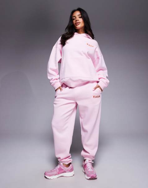 Kaiia shell graphic fitted t-shirt, shorts, cuffed sweatpants, and oversized hoodie set in baby pink - view 1