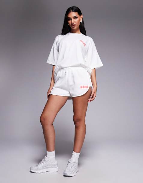 Kaiia - Short court molletonné d'ensemble en coton mélangé avec logo imprimé en relief - Blanc et rouge - view 1